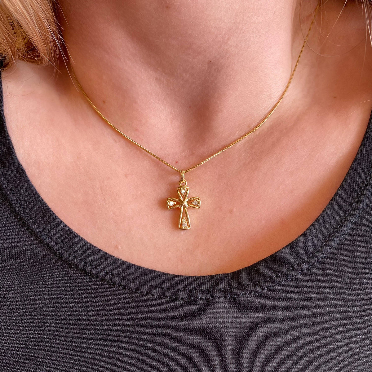Cutesie CZ Cross Pendant or Charm | 1" × 0.5" | 18K Gold-Filled