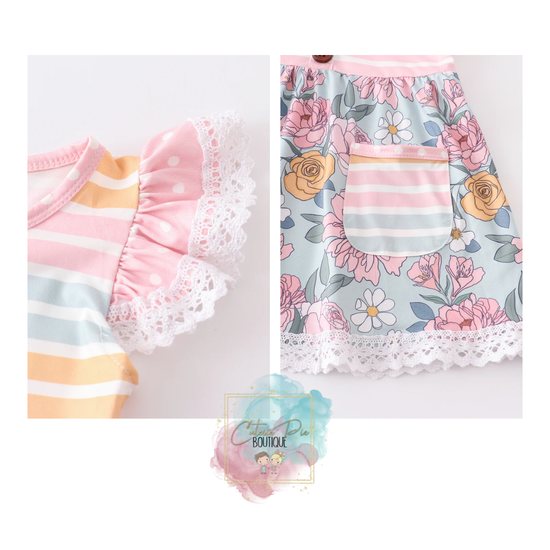 Pink Stripe Floral Ruffle 2PC SET