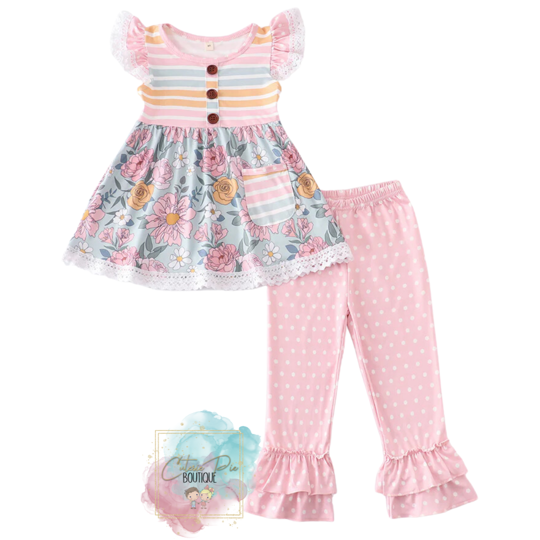 Pink Stripe Floral Ruffle 2PC SET