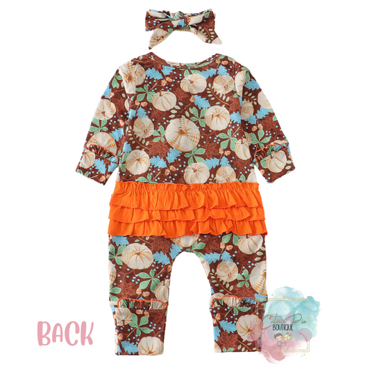 Pumpkin Ruffle Romper w/ matching Headband - Fall - Thanksgiving 2PC SET