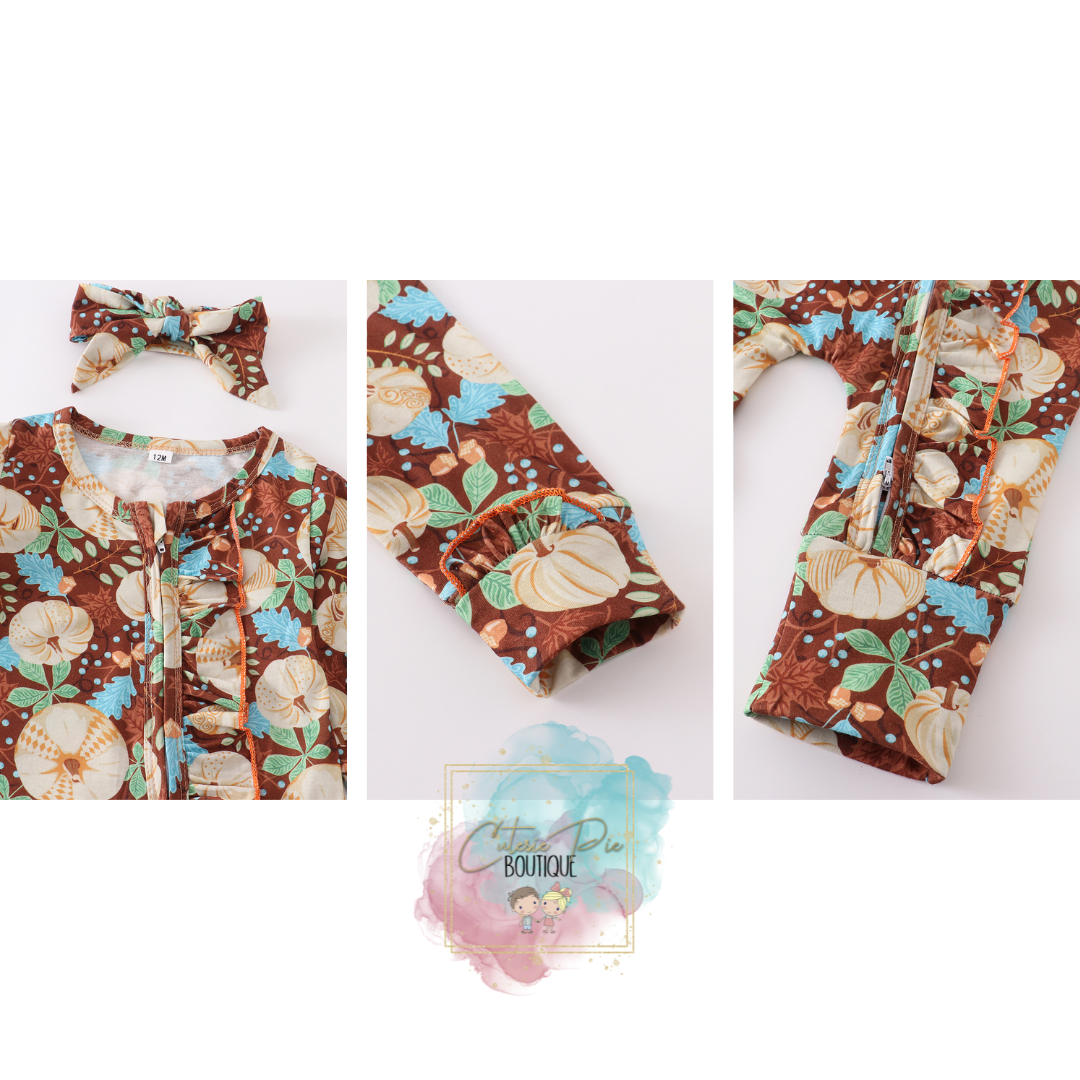 Pumpkin Ruffle Romper w/ matching Headband - Fall - Thanksgiving 2PC SET