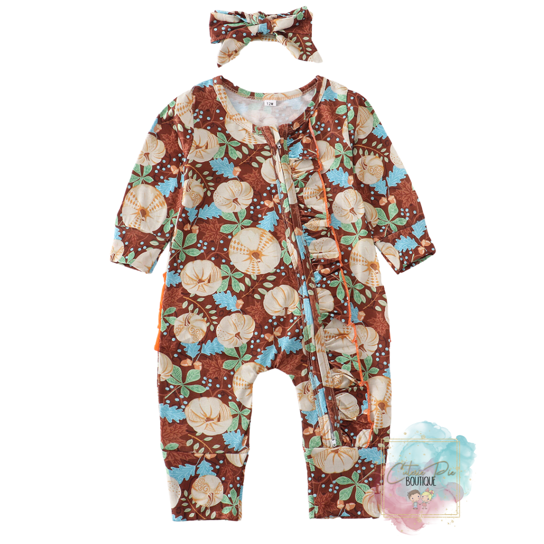 Pumpkin Ruffle Romper w/ matching Headband - Fall - Thanksgiving 2PC SET