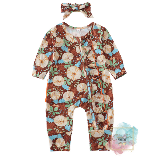 Pumpkin Ruffle Romper w/ matching Headband - Fall - Thanksgiving 2PC SET