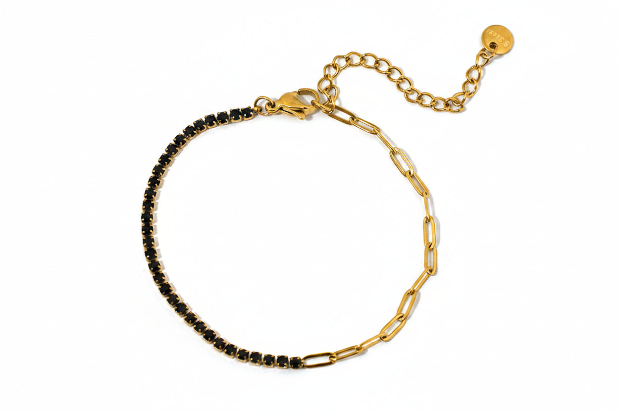 Black Rhinestone Paperclip Bracelet | 18K Gold PVD | 304 Stainless Steel