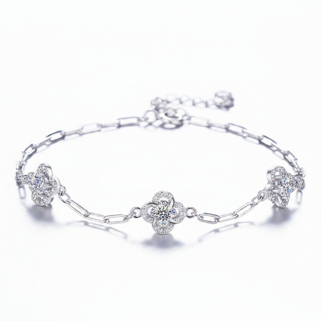 Moissanite Dainty Floral Halo Paperclip Bracelet | Platinum over Sterling Silver | No Certificate