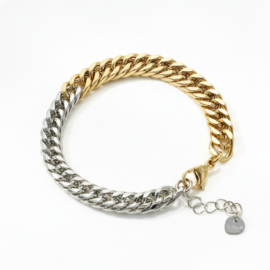 Two-Tone Curb Chain Bracelet | 18K Gold & Steel | 304 Stainless Steel