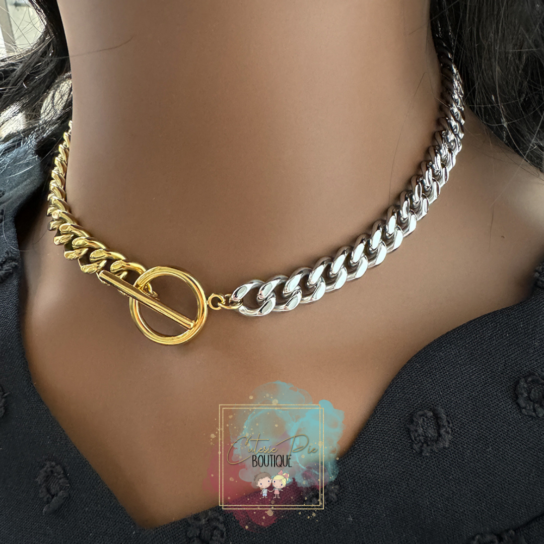 Two-Tone Curb Chain Toggle Necklace | 18K Gold & Steel | 304 Stainless Steel