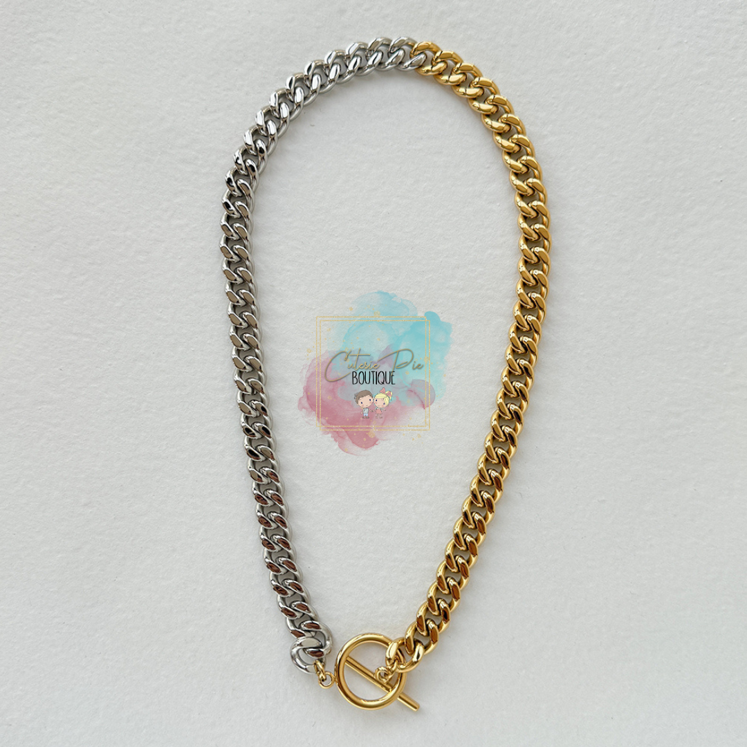 Two-Tone Curb Chain Toggle Necklace | 18K Gold & Steel | 304 Stainless Steel