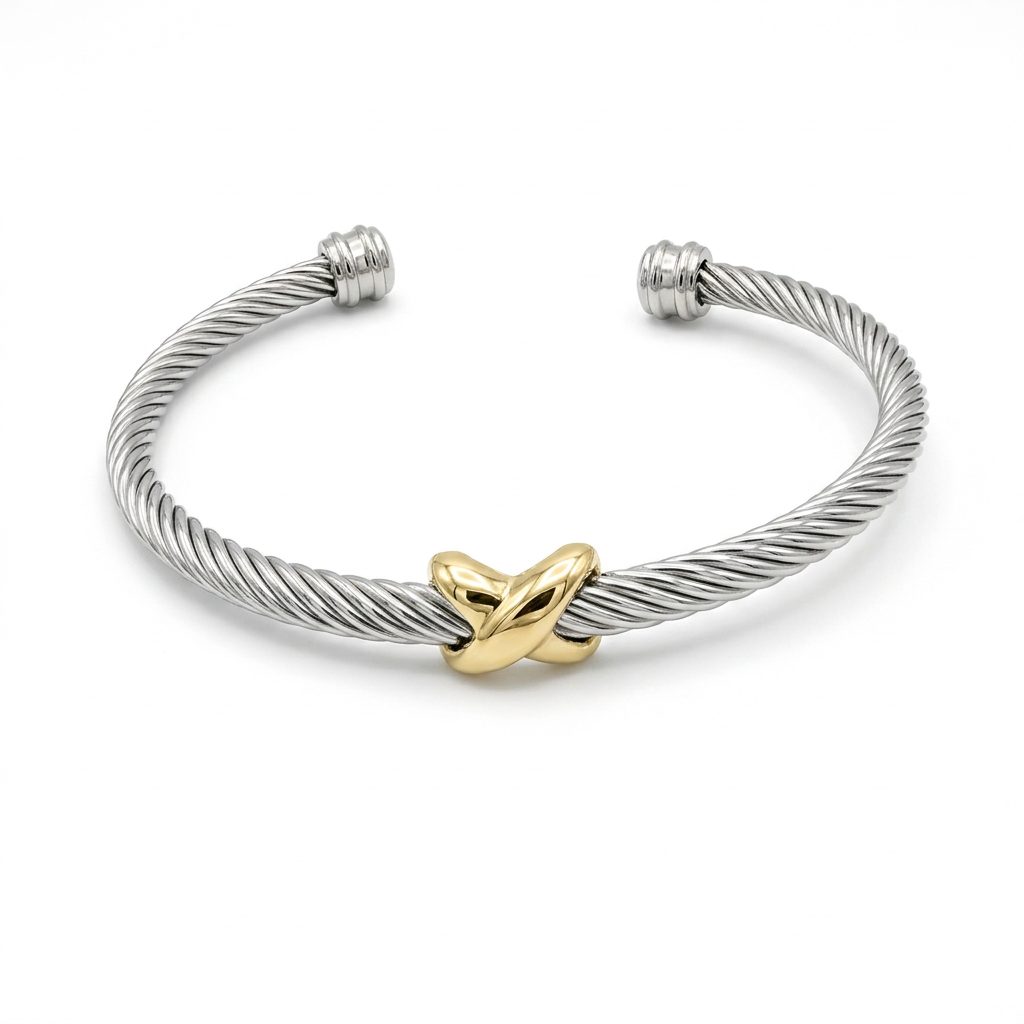 Two-Tone X Cable Cuff Bracelet | 18K Gold & Steel | 304 Stainless Steel