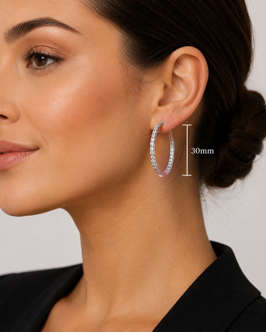 CZ Inside Out Hoop Earrings | 30MM | Rhodium-Plated Sterling Silver