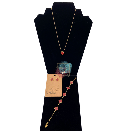 STAINLESS JEWELRY - Clover RED - Earring / Bracelet / Necklace / SET