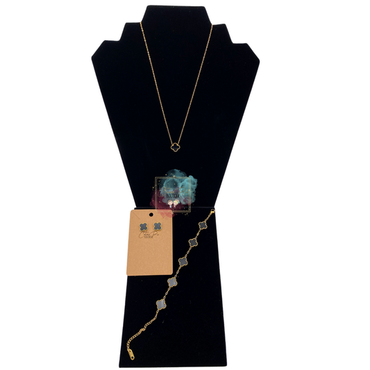 STAINLESS JEWELRY - Clover BLACK - Earring / Bracelet / Necklace / SET