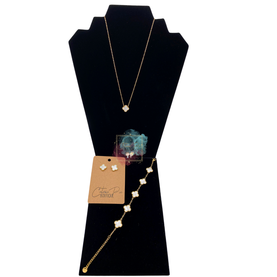 STAINLESS JEWELRY - Clover WHITE - Earring / Bracelet / Necklace / SET