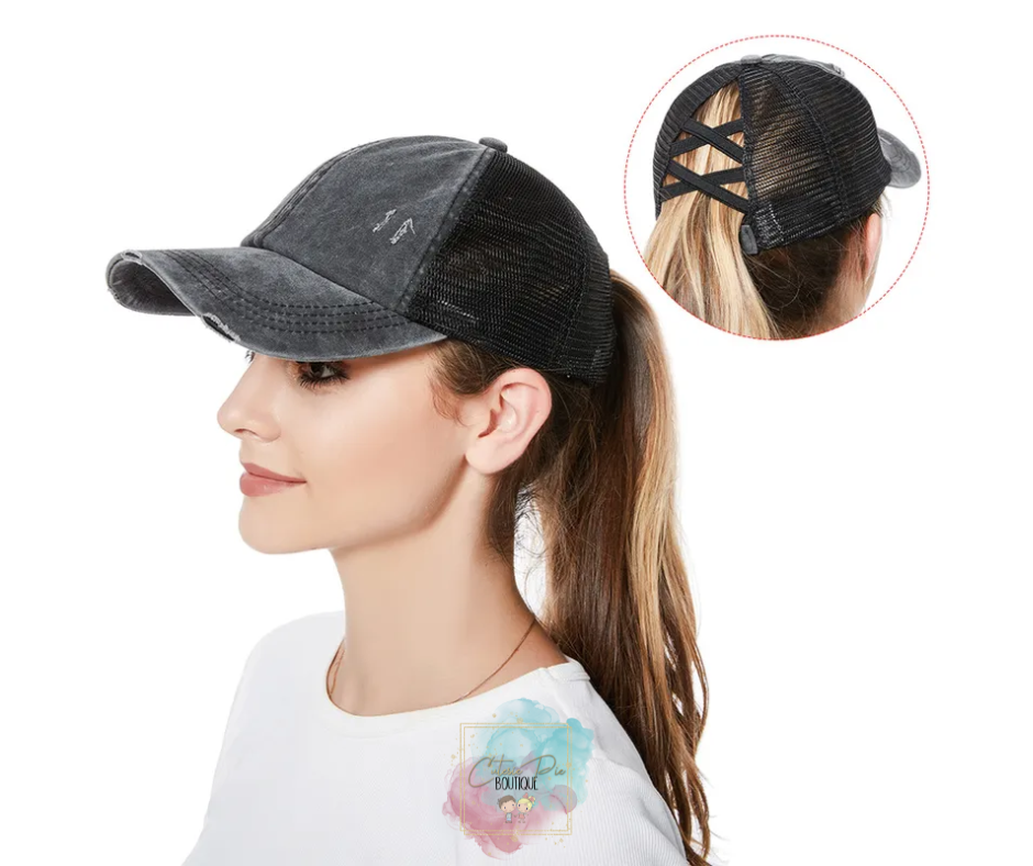 DISTRESSED CAP / Up-do Hat / Ponytail Cap