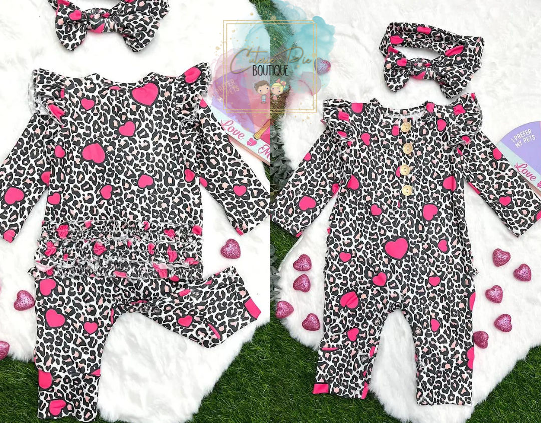 Baby Girl's Animal Print Heart Romper + Matching Headband 2PC SET