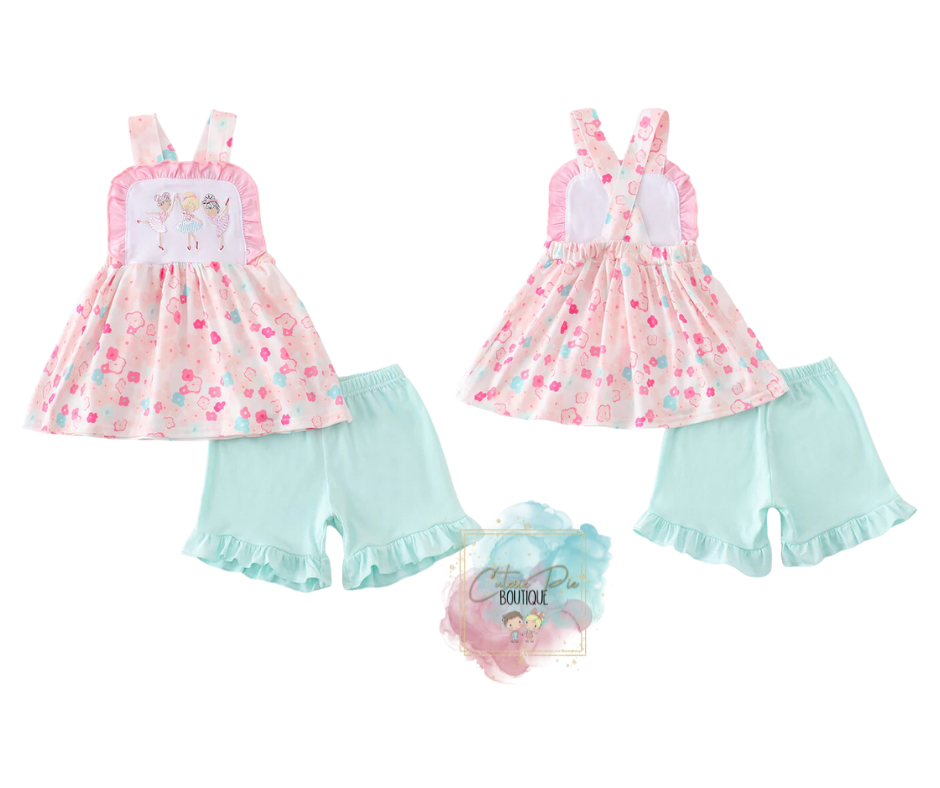 🩰 Ballerina Embroidered Dress & Shorts Set