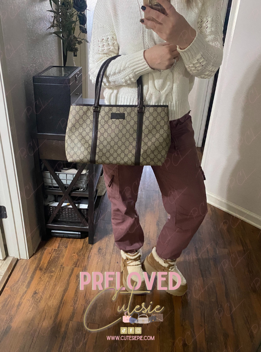 Gucci Ophidia Canvas Tote w/ Brown Leather Trim / GG Pre-Loved Handbag - Shoulder Bag