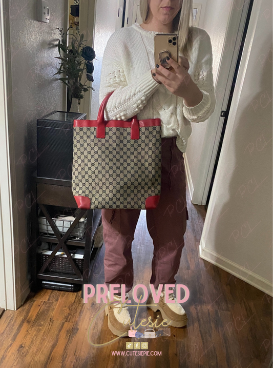 Gucci GG Ophidia Canvas Tote w/ Red Leather Trim / Pre-Loved Handbag / Laptop Bag / Travel Bag