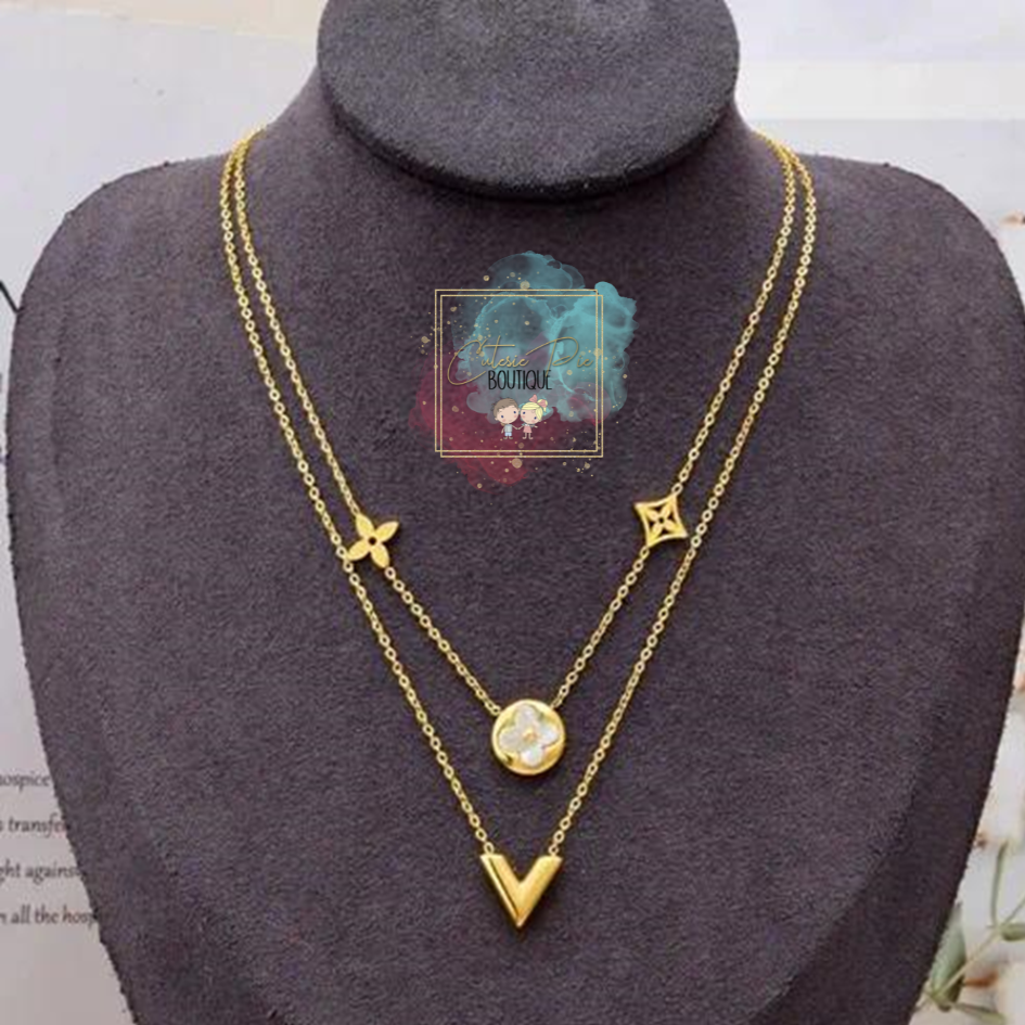 STAINLESS JEWELRY - Flower Blossom V Layered NECKLACE in Gold - Titanium Steel Plated