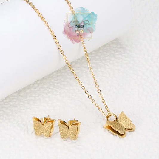 STAINLESS JEWELRY - Gold Butterfly 2PC SET - Earring + Necklace