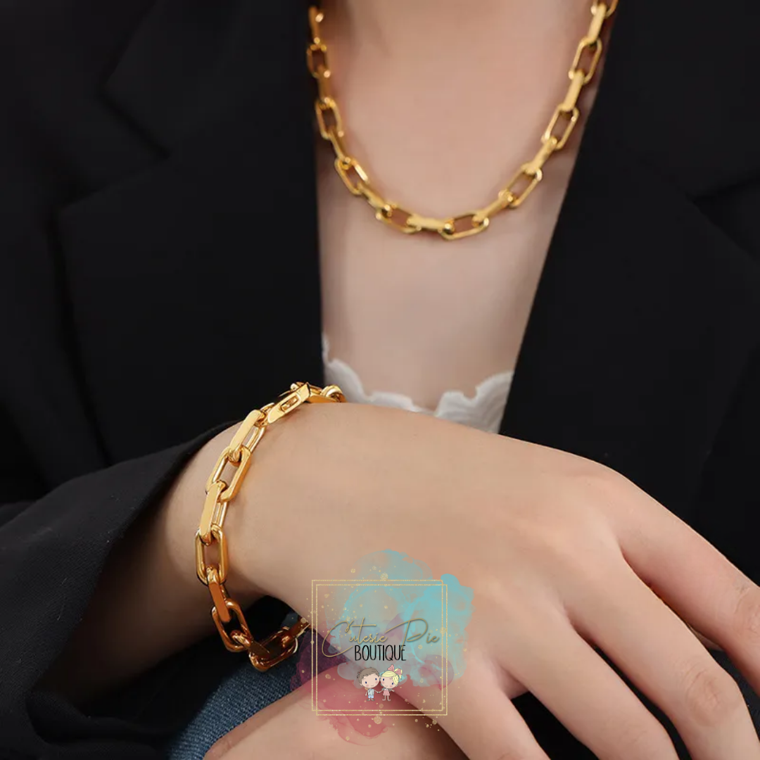 STAINLESS JEWELRY - Gold Chunky Link Necklace, Bracelet or SET - Titanium Steel Plated