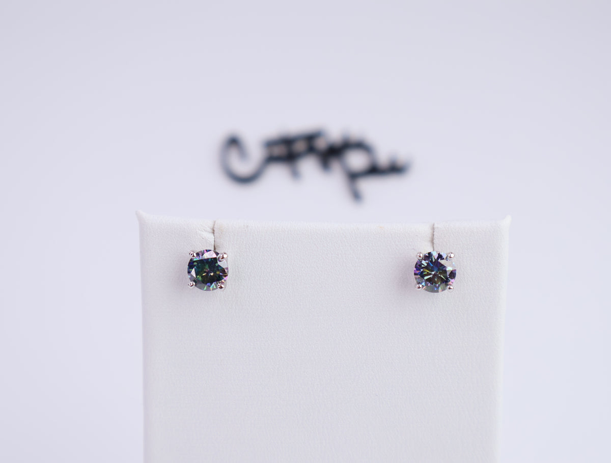 Blue Moissanite Round Stud Earrings | 1.0CT Each (2.0CT Total) | 950 Platinum-Plated Sterling Silver | Certificate Included