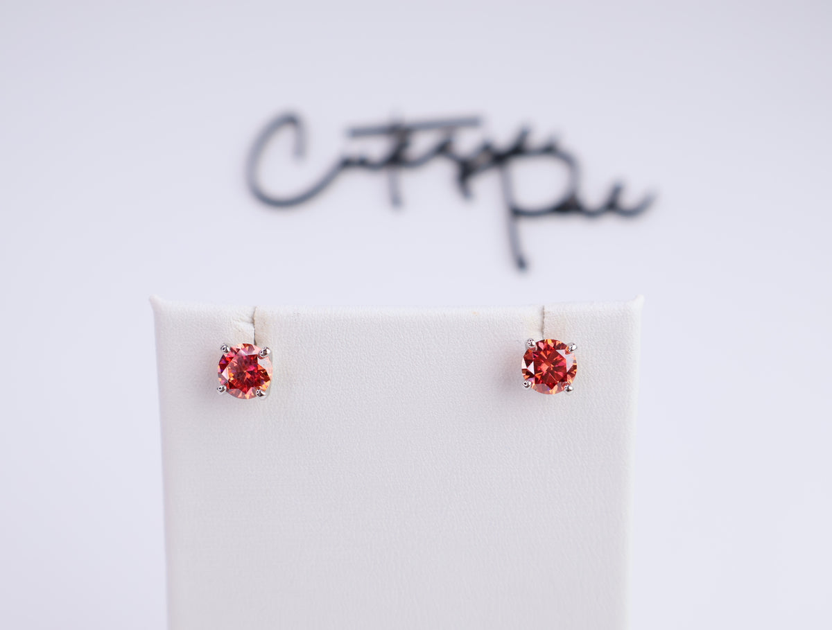 Orange Moissanite Round Stud Earrings | 1.0CT Each (2.0CT Total) | 950 Platinum-Plated Sterling Silver | Certificate Included
