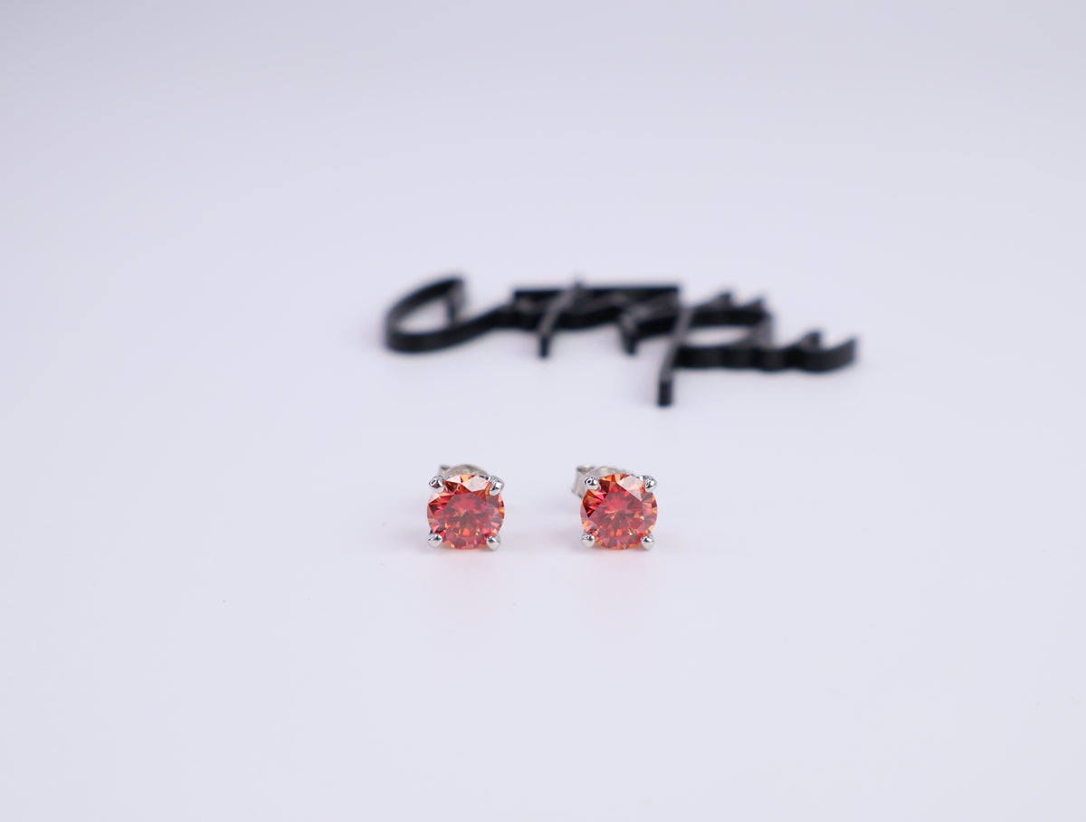 Orange Moissanite Round Stud Earrings | 1.0CT Each (2.0CT Total) | 950 Platinum-Plated Sterling Silver | Certificate Included