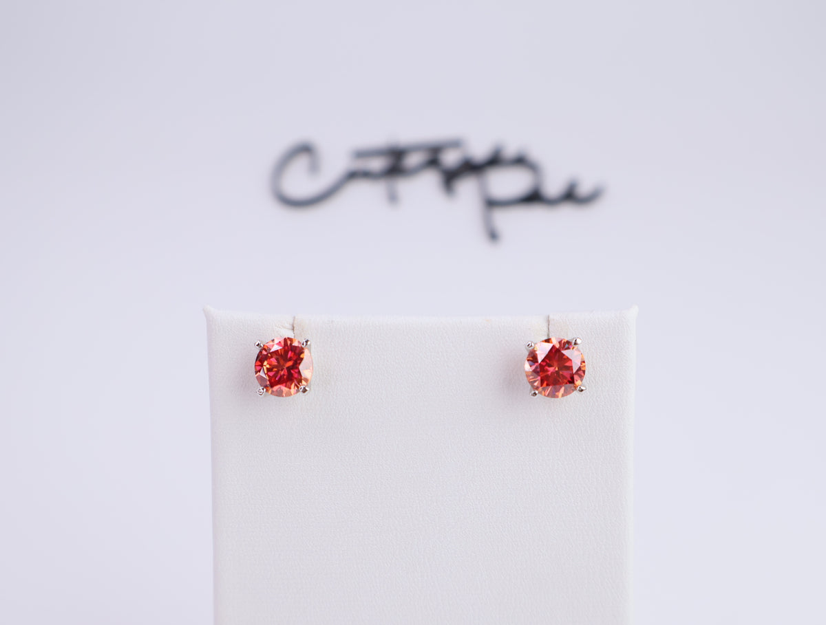 Orange Moissanite Round Stud Earrings | 2.0CT Each (4.0CT Total) | 950 Platinum-Plated Sterling Silver | Certificate Included