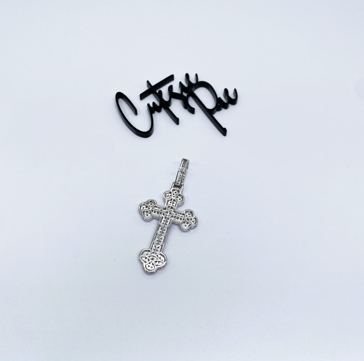 Moissanite Fleur-de-Lis Cross Pendant | Rhodium-Plated Sterling Silver | Certificate Included
