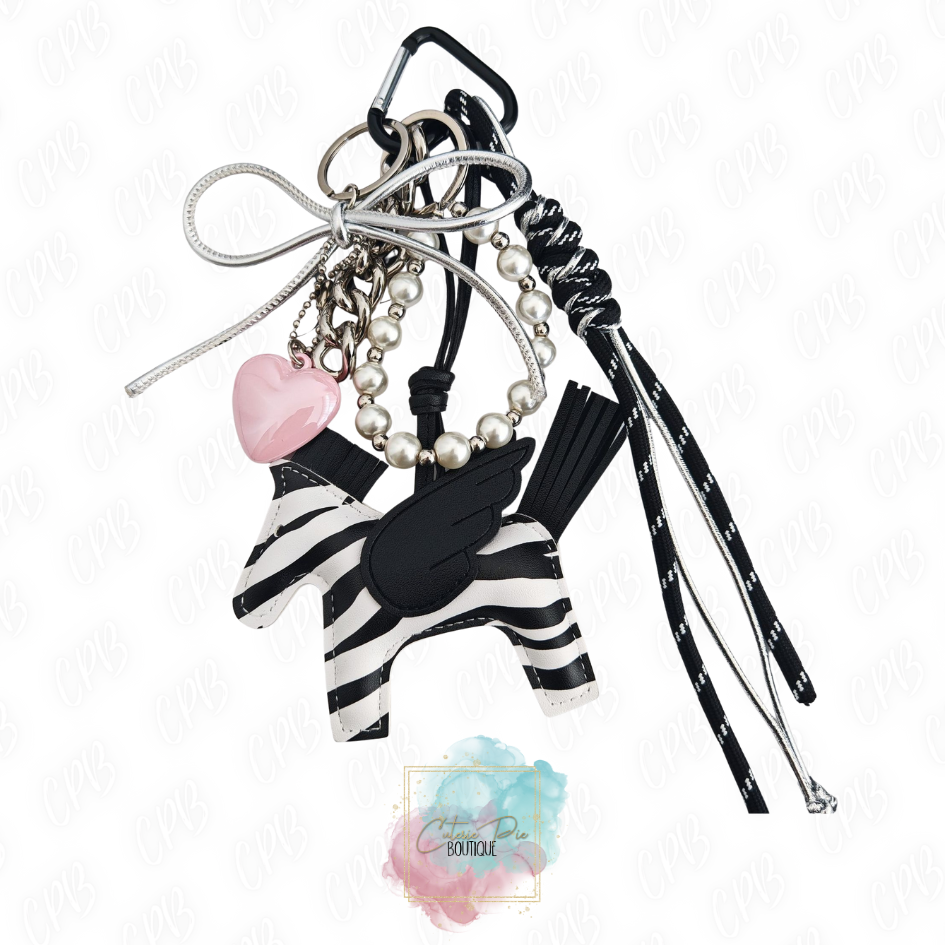 Bag Charm / Keychain - MULTI LAYER Black/White w/ Horse, Bow, Heart and Pearls