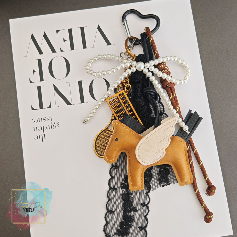 Bag Charm / Keychain - MULTI LAYER Brown w/ Horse, Bow, Ribbon and charms