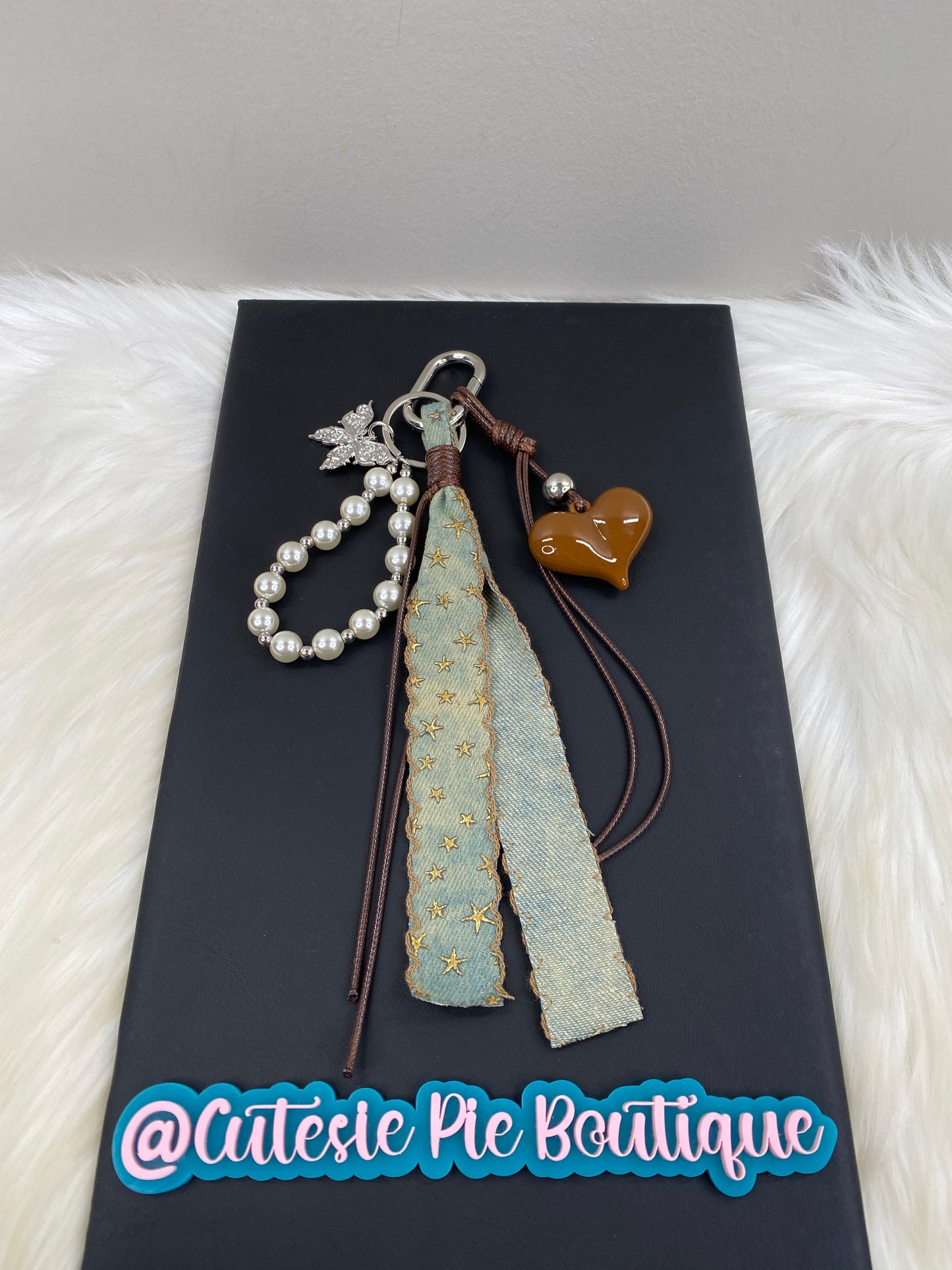 Bag Charm / Keychain - MULTI LAYER Brown w/ Ribbon, Heart, Pearls and Butterfly Charms