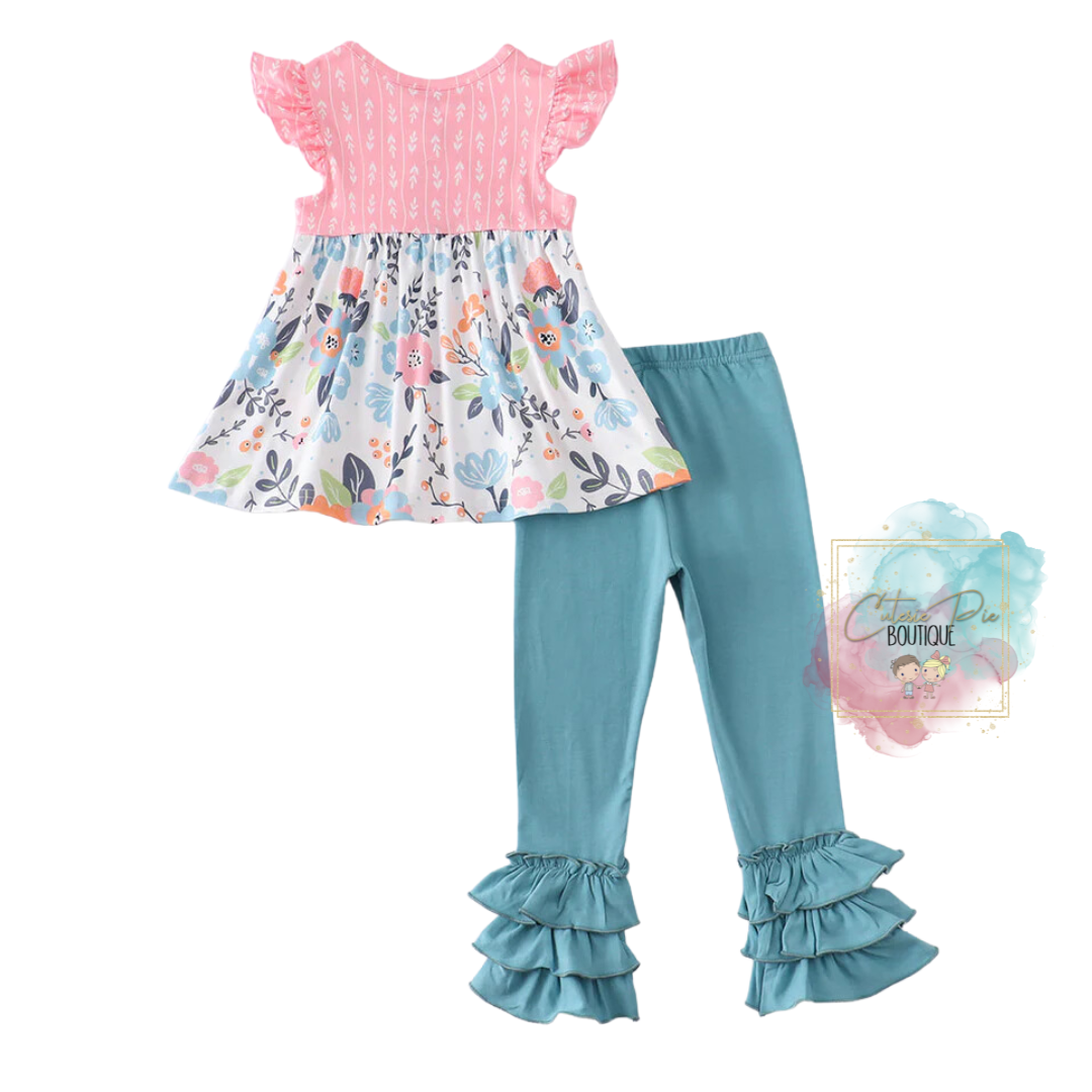 Pink & Turquoise Floral Ruffle 2PC SET
