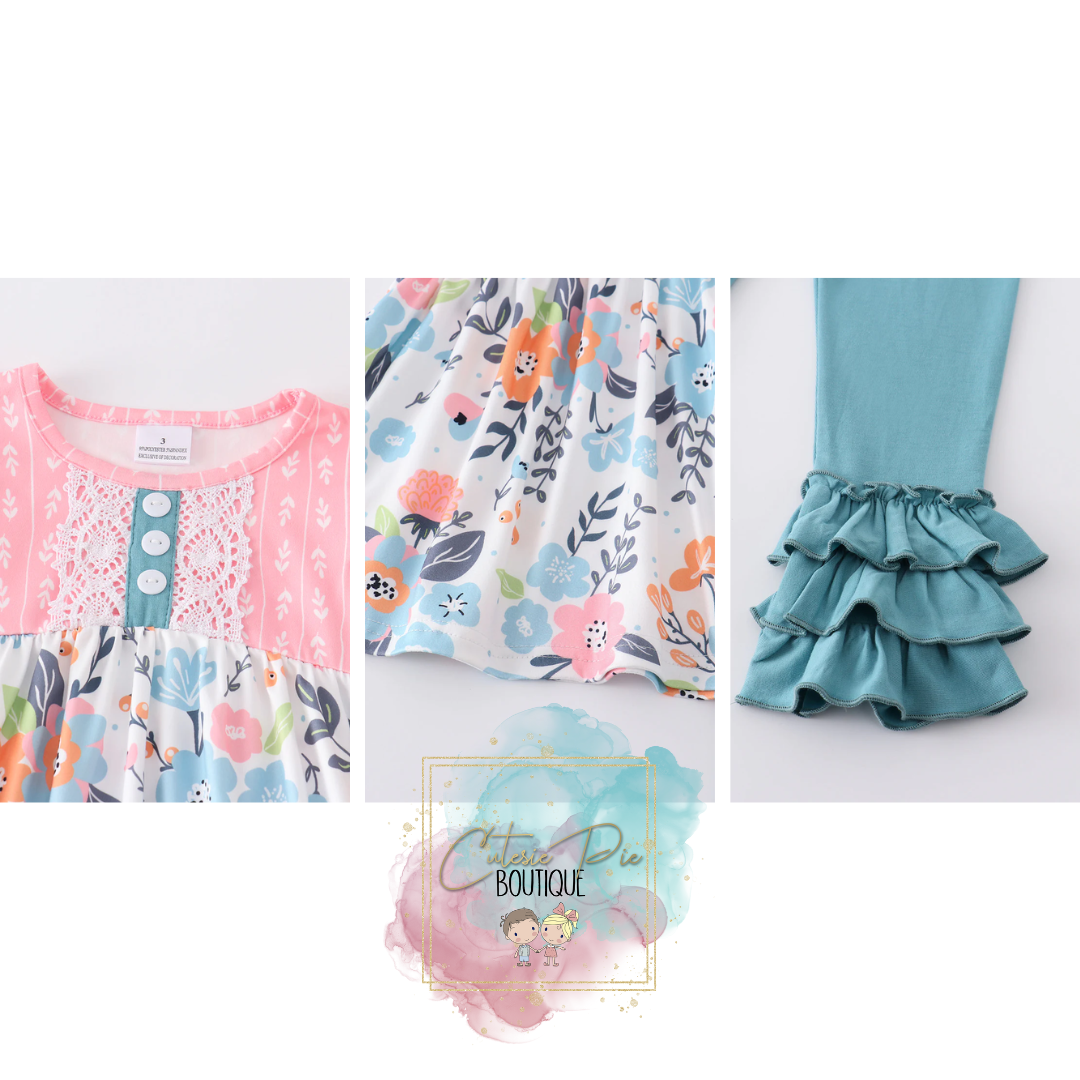 Pink & Turquoise Floral Ruffle 2PC SET