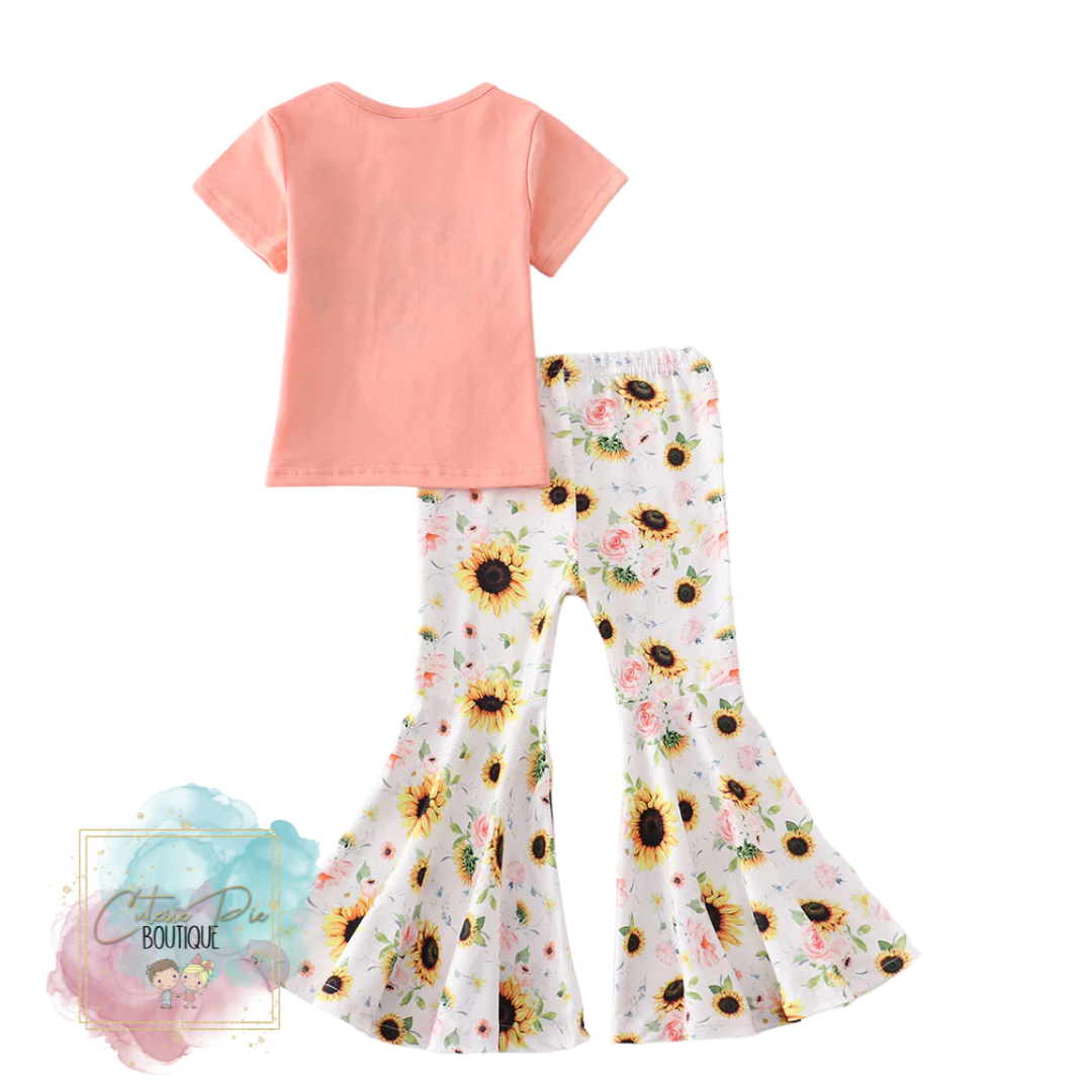 Simply Blessed Coral Sunflower Bell Bottom 2PC SET