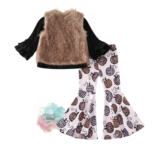 Fur Vest Pumpkin Outfit - 3PC SET - Top + Vest + Bell Pant