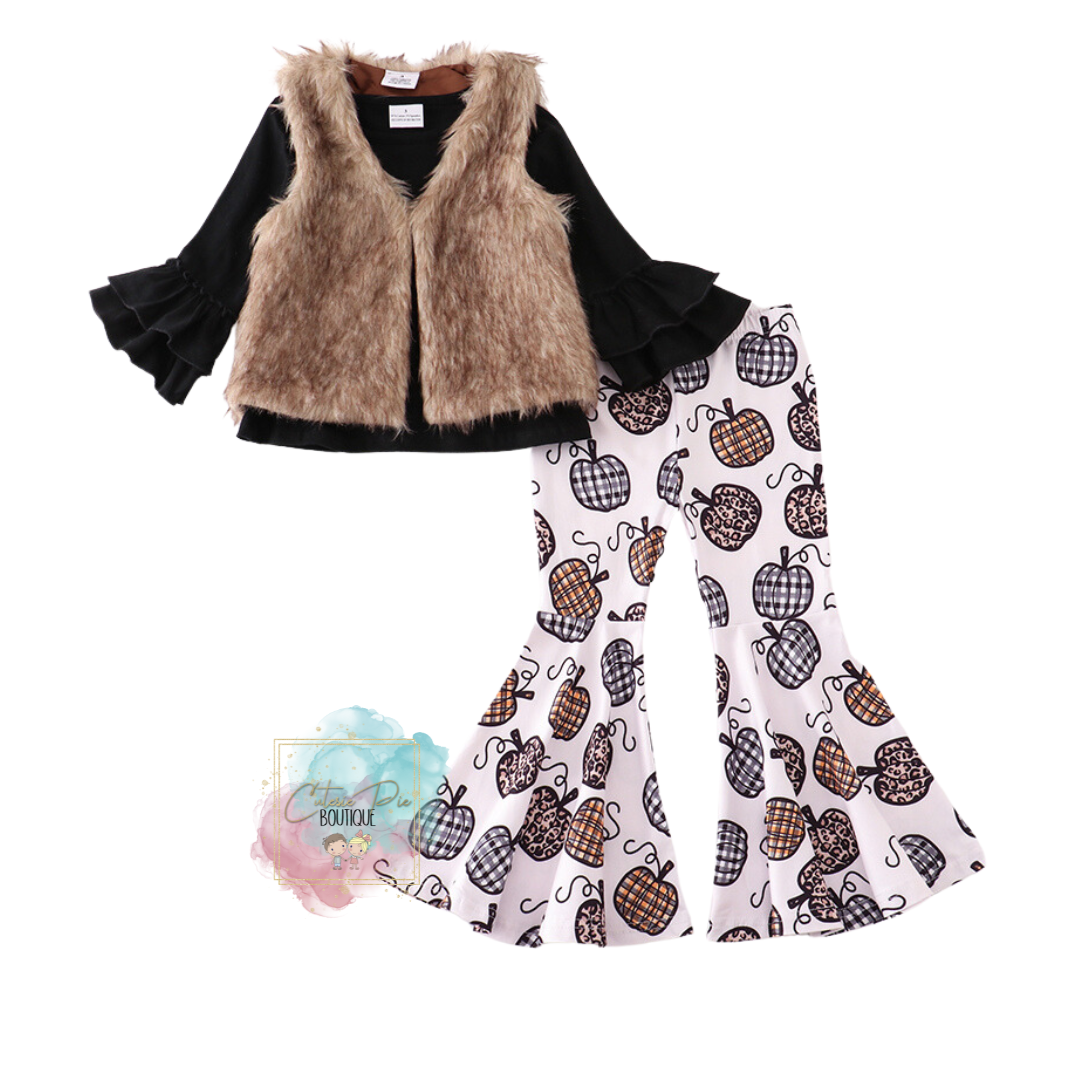 Fur Vest Pumpkin Outfit - 3PC SET - Top + Vest + Bell Pant