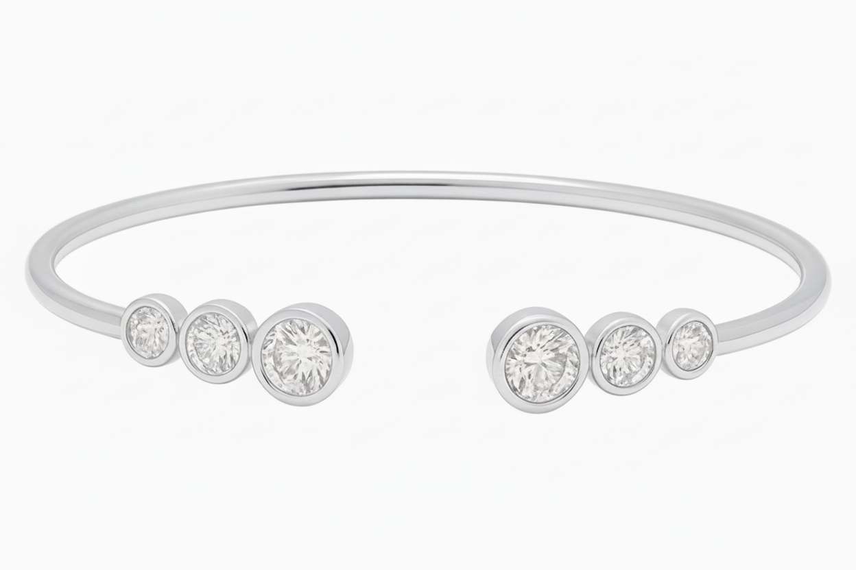 Moissanite Bezel Cuff Bracelet | Round Brilliant 0.8CT | Rhodium over Sterling Silver | Certificate Included