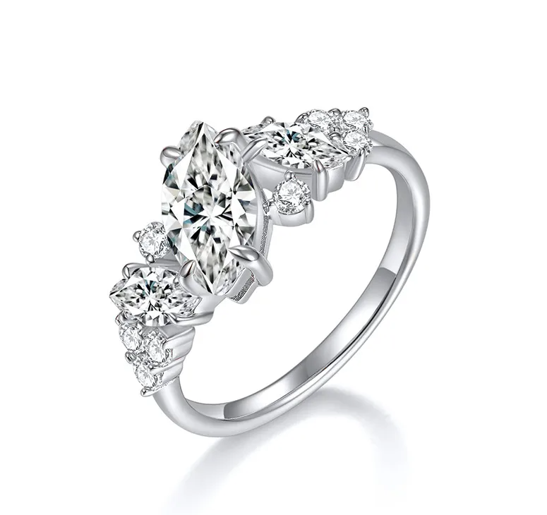 Moissanite Marquise Cluster Ring | 1.0CT Main Stone (5x10MM) | 18K Gold over Sterling Silver | Certificate Included