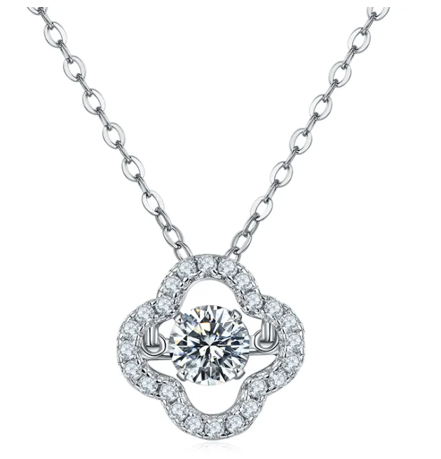 Moissanite Floral Halo Pendant Necklace | 0.4CT Dancing Center Stone (5MM) | Rhodium Finish over Sterling Silver | Certificate Included