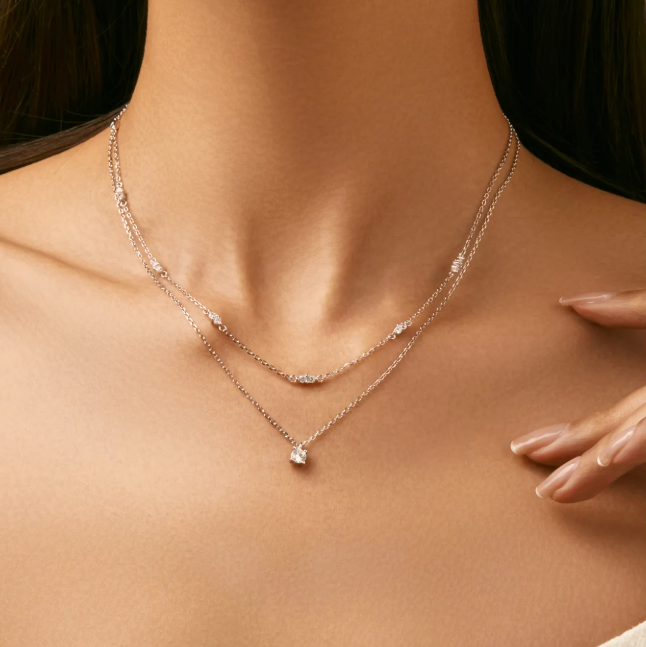 Moissanite Layered Necklace | 0.3CT Center Stone (4MM) | Rhodium Finish over Sterling Silver | Certificate Included