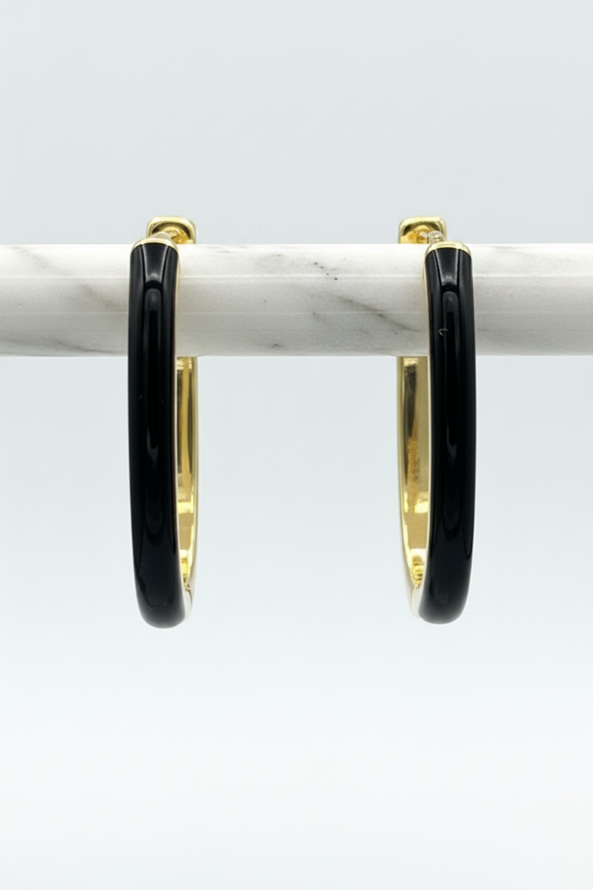 GOLD FILLED - EARRINGS - BLACK ENAMEL OBLONG 19MM