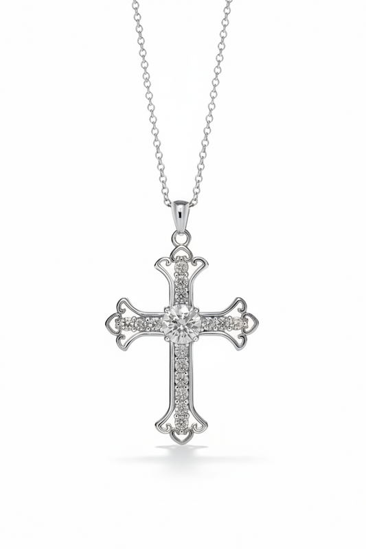 Moissanite Fleur-de-Lis Cross Pendant Necklace | 0.5CT Center Stone | 950 Platinum-Plated Sterling Silver | Certificate Included