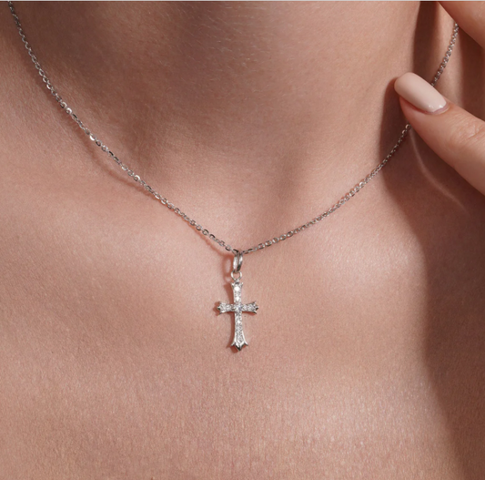 Moissanite Grace Cross Pendant | Rhodium-Plated Sterling Silver | Certificate Included