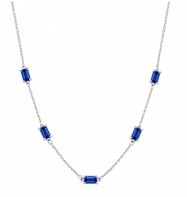 Blue Moissanite Station Necklace | 0.5CT Each | Rhodium-Plated Sterling Silver | Certificate Included