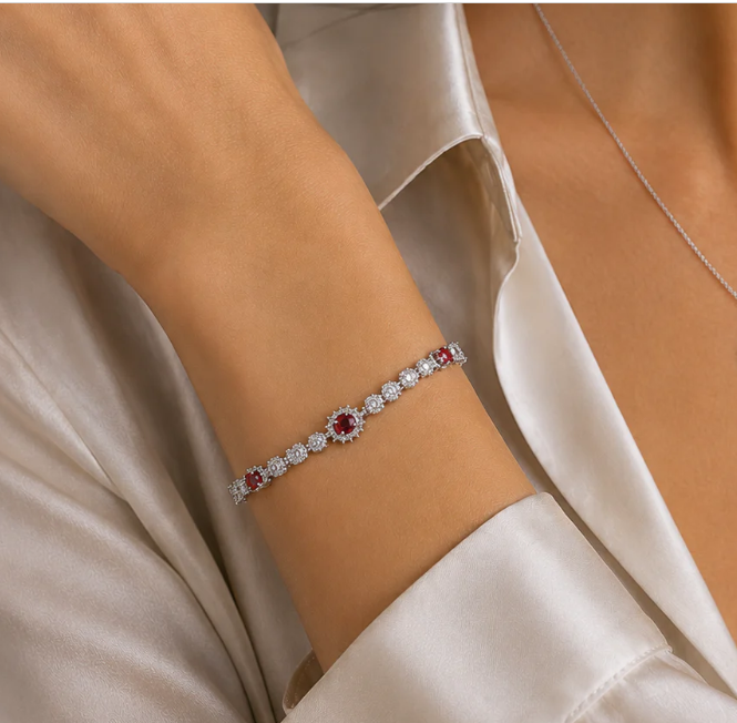Red Moissanite Bloom Bracelet | 0.3CT Each | Rhodium-Plated Sterling Silver | Certificate Included