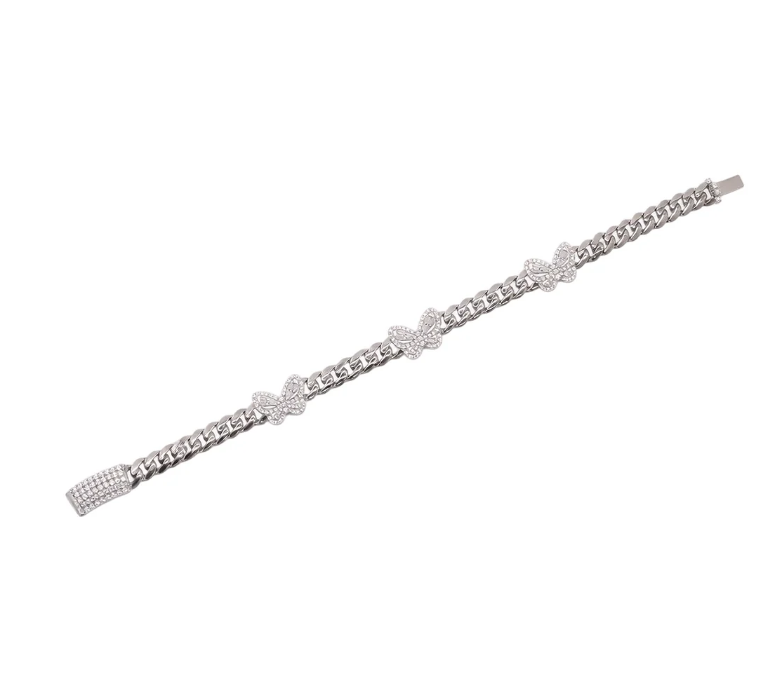 Moissanite Cuban Butterfly Bracelet | Rhodium-Plated Sterling Silver | Certificate Included