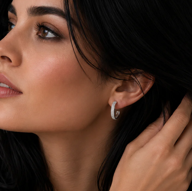 Moissanite Triple Row Hoop Earrings | Rhodium-Plated Sterling Silver | Certificate Included