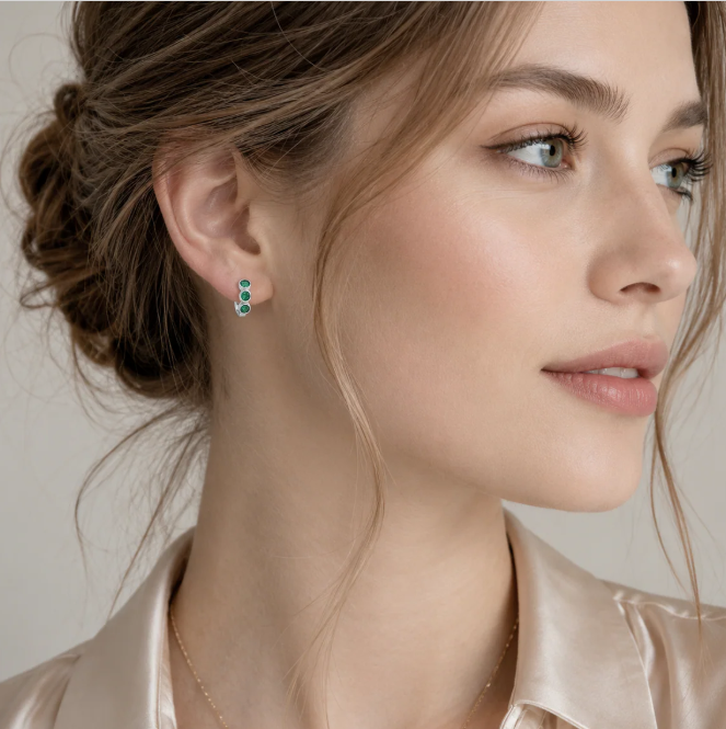 Green Moissanite Huggie Hoop Earrings | Rhodium-Plated Sterling Silver | Certificate Included